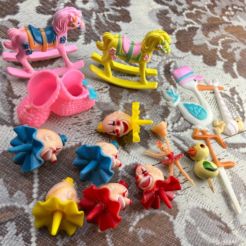 Lot Vintage Cake Cupcake Toppers Picks Decoration Clown Heads, Baby Shower, Kids